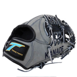 Gray reality baseball glove with dark laces, showing 'KANAE/ KANADE' branding on the side and a blue-yellow emblem near the heel.